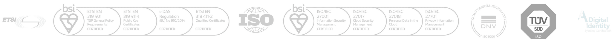 Security certifications: ETSI, BSI, ISO, TUV, Digital Quality